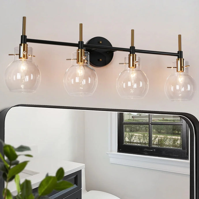 Isha 4-Light Bathroom Black Gold Vanity Lights Modern Wall Sconce with Clear Glass - 30