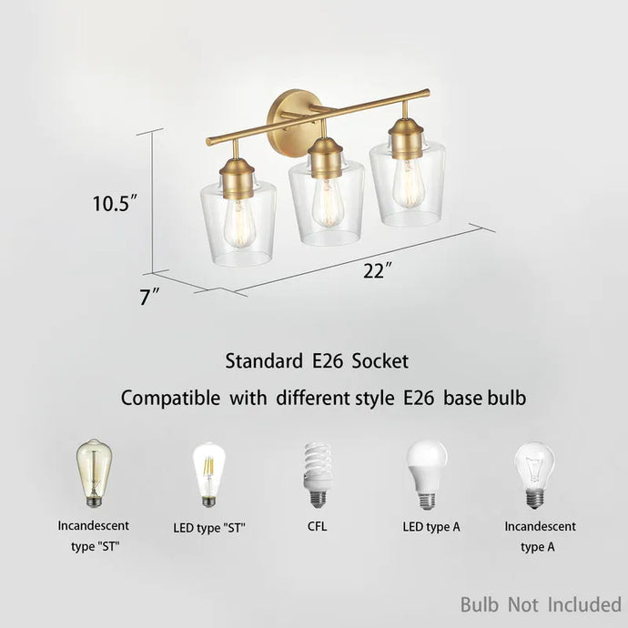 KAWOTI 3-Light Dimmable Bathroom Vanity Light with Glass Shade