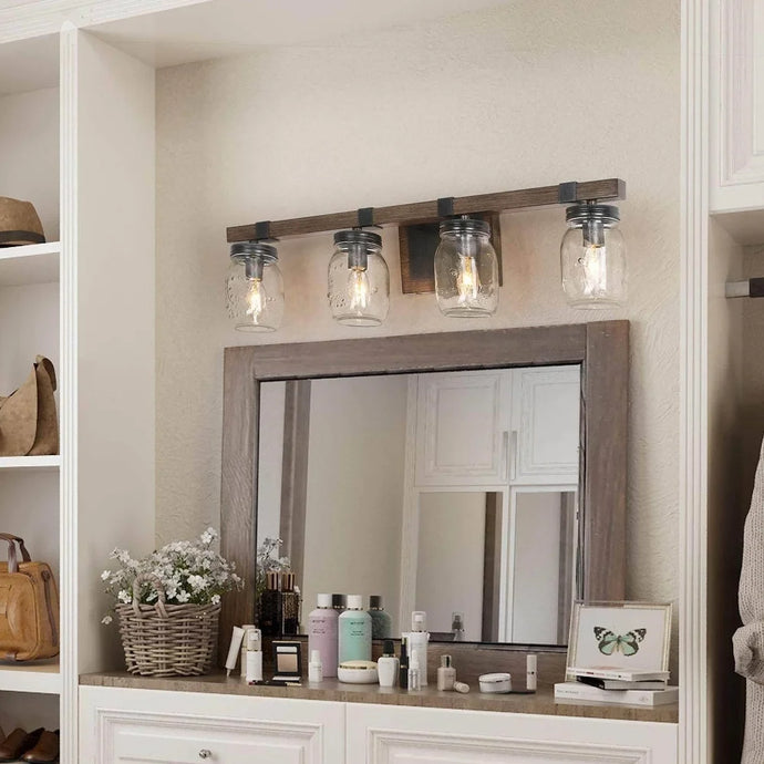 Kole Farmhouse 4-Light Wood Linear Bathroom Vanity Lights Mason Jars Wall Sconces