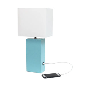 Lexington Leather Base Modern Lamp with Fabric Shade and USB