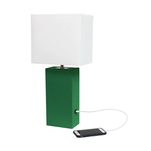 Lexington Leather Base Modern Lamp with Fabric Shade and USB