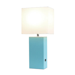 Lexington Leather Base Modern Lamp with Fabric Shade and USB