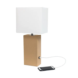 Lexington Leather Base Modern Lamp with Fabric Shade and USB