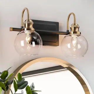 Mid-Century Modern Black Gold 2-Light Bathroom Vanity Lights Globe Wall Sconce Lighting - 14.5