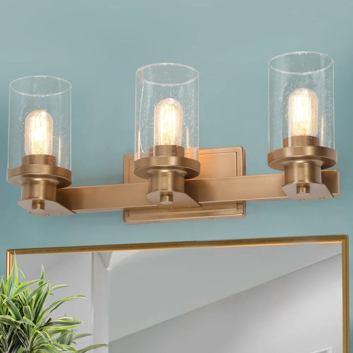 Mid-Century Modern Gold 3-Light Linear Seeded Glass Bathroom Vanity Lights