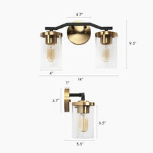 Modern 2-Light Bathroom Vanity Light Black Gold Wall Sconces with Glass Shade - 14'' L x 5.5'' W x 9.5'' H