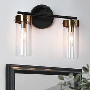 Modern 2-Light Black Bathroom Vanity Light Cylinder Glass Wall Sconces - 12.5" L x 5.5" W x 10" H