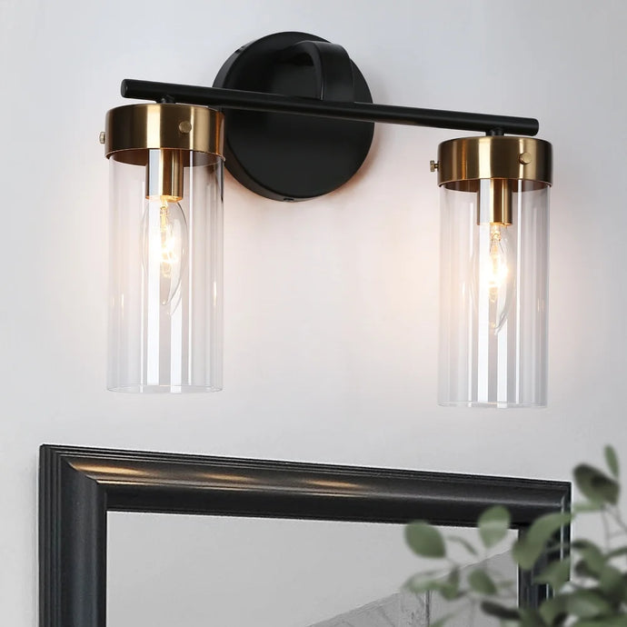 Modern 2-Light Black Bathroom Vanity Light Cylinder Glass Wall Sconces - 12.5