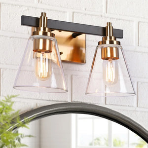 Modern 2-Light Black Gold Bathroom Vanity Lights Cone Glass Wall Sconce - 14" L x 8" W x 8" H