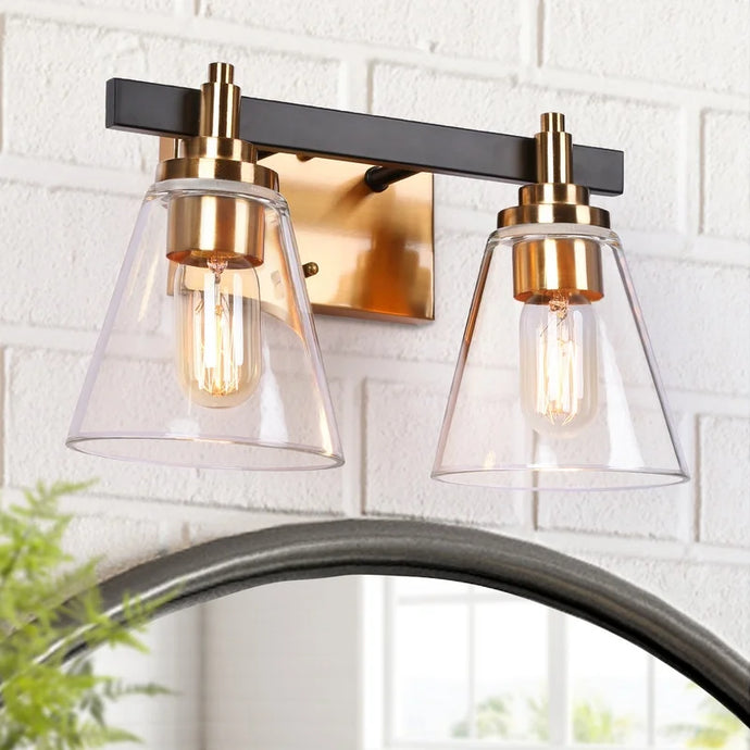 Modern 2-Light Black Gold Bathroom Vanity Lights Cone Glass Wall Sconce - 14