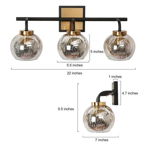 Ziv Modern 3-Light Black Gold Bathroom Vanity Lights with Mercury Globe Glass Shades