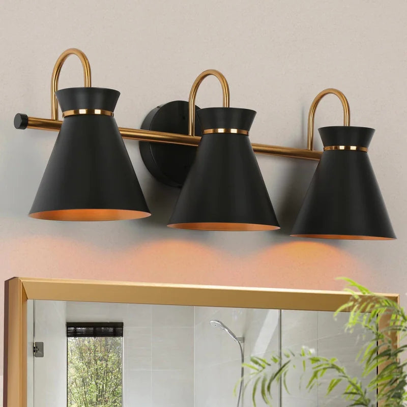 Modern 3-Light Linear Black Gold Bathroom Vanity Light Industrial Metal Wall Sconce - 23