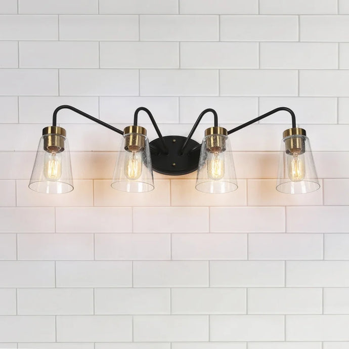 Modern 4-Light Black Bathroom Vanity Lights Seeded Glass Wall Lighting - 28.5