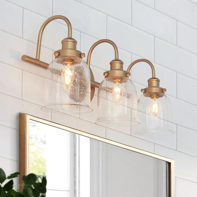 Modern Bathroom Vanity Light Gold 3-Light Seeded Glass Wall Sconces Dimmable - Brass Gold - L 21