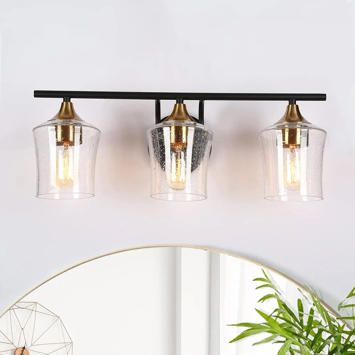 Modern Black Gold 2/3/4-Light Linear Bathroom Vanity Lights with Seeded Glass