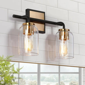 Modern Black Gold 2-Light Bathroom Vanity Lights Glass Wall Sconces for Powder Room - 13"L - Black and Brass