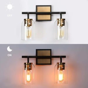 Modern Black Gold 2-Light Bathroom Vanity Lights Glass Wall Sconces for Powder Room - 13"L - Black and Brass