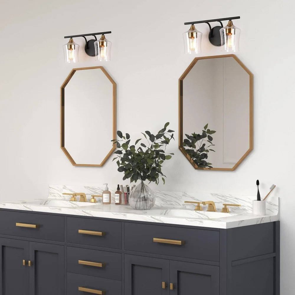 Modern Black Gold 2-Light Bathroom Vanity Lights Seeded Glass Wall Sco ...