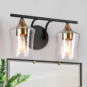 Modern Black Gold 2-Light Bathroom Vanity Lights Seeded Glass Wall Sconce Lighting - 14" L x 7" W x 7" H