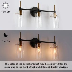 Modern Black Gold Bathroom Vanity Light Dimmable Wall Sconces with Cylinder Glass