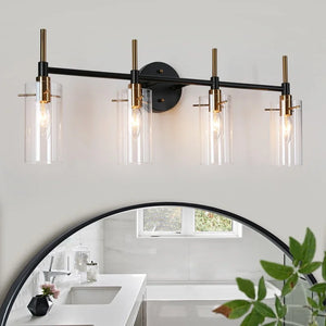 Modern Black Gold Bathroom Vanity Light Dimmable Wall Sconces with Cylinder Glass