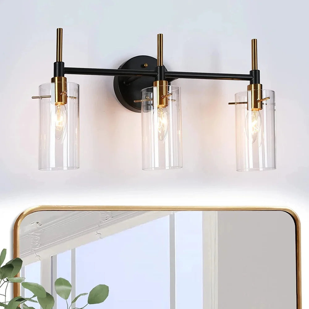 Modern Black Gold Bathroom Vanity Light Dimmable Wall Sconces with Cylinder Glass