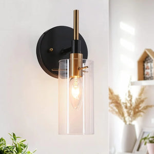 Modern Black Gold Bathroom Vanity Light Dimmable Wall Sconces with Cylinder Glass