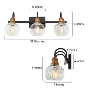 Modern Antique Gold Black 3-Light Bathroom Vanity Lights Globe Glass Wall Sconces - Bronze Gold and Black - L21.9 x W7" x H8.5"