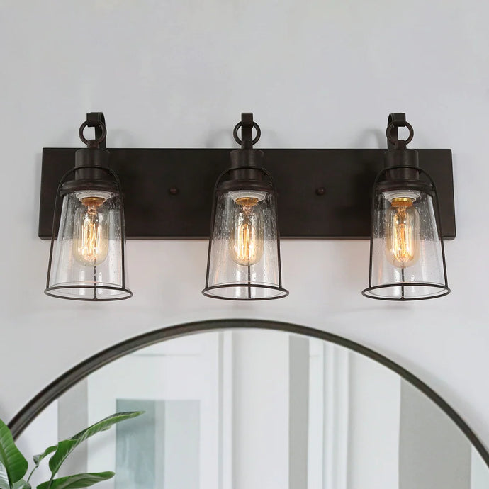 Farmhouse Rustic Black 3-Light Bathroom Vanity Light Farmsy Wall sconces with Seeded Glass - L22