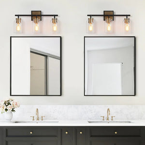 Modern Farmhouse Black Gold 3-Light Bathroom Vanity Light Cylinder Glass Wall Sconces - L19.5" x W7.5" x H10"