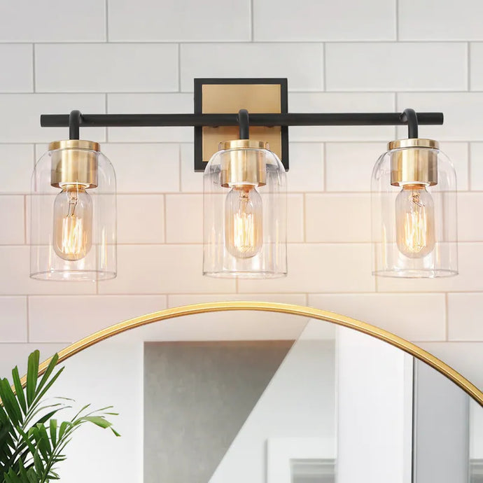 Modern Farmhouse Black Gold 3-Light Bathroom Vanity Light Cylinder Glass Wall Sconces - L19.5