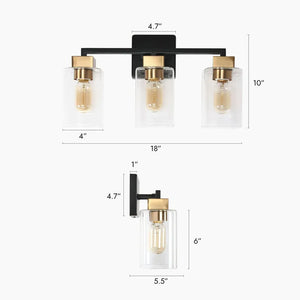 Caylin Modern Farmhouse Black Gold 3-Light Square Bathroom Vanity Light Glass Wall Sconces - L 18" x W 5.5" x H 10"