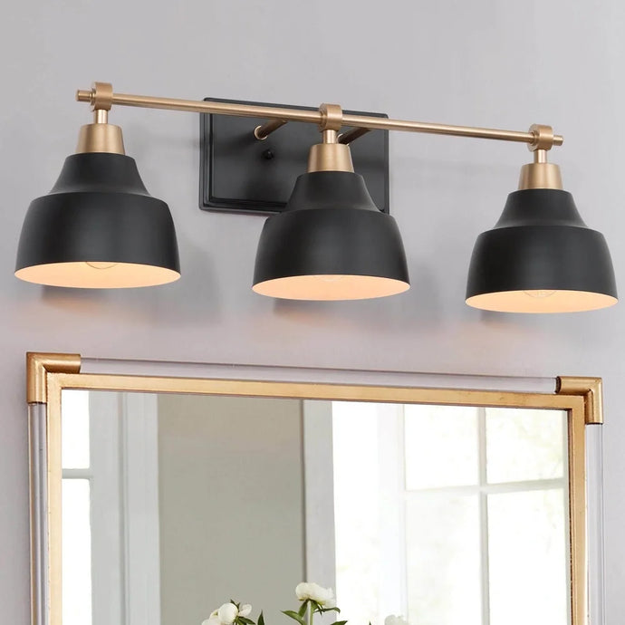 Modern Gold Black 3-Light Metal Cone Bathroom Vanity Lights for Powder Room - L24.5