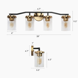 Modern Mid-Century 4-Light Black Gold Bathroom Vanity Light with Cylinder Glass - 28"L x 5.5"Wx 9.5"H