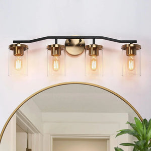 Modern Mid-Century 4-Light Black Gold Bathroom Vanity Light with Cylinder Glass - 28"L x 5.5"Wx 9.5"H