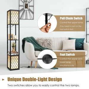 Modern Shelf Freestanding Floor Lamp with Double Lamp Pull Chain and Foot Switch - 10" x 10" x 62"(L x W x H)