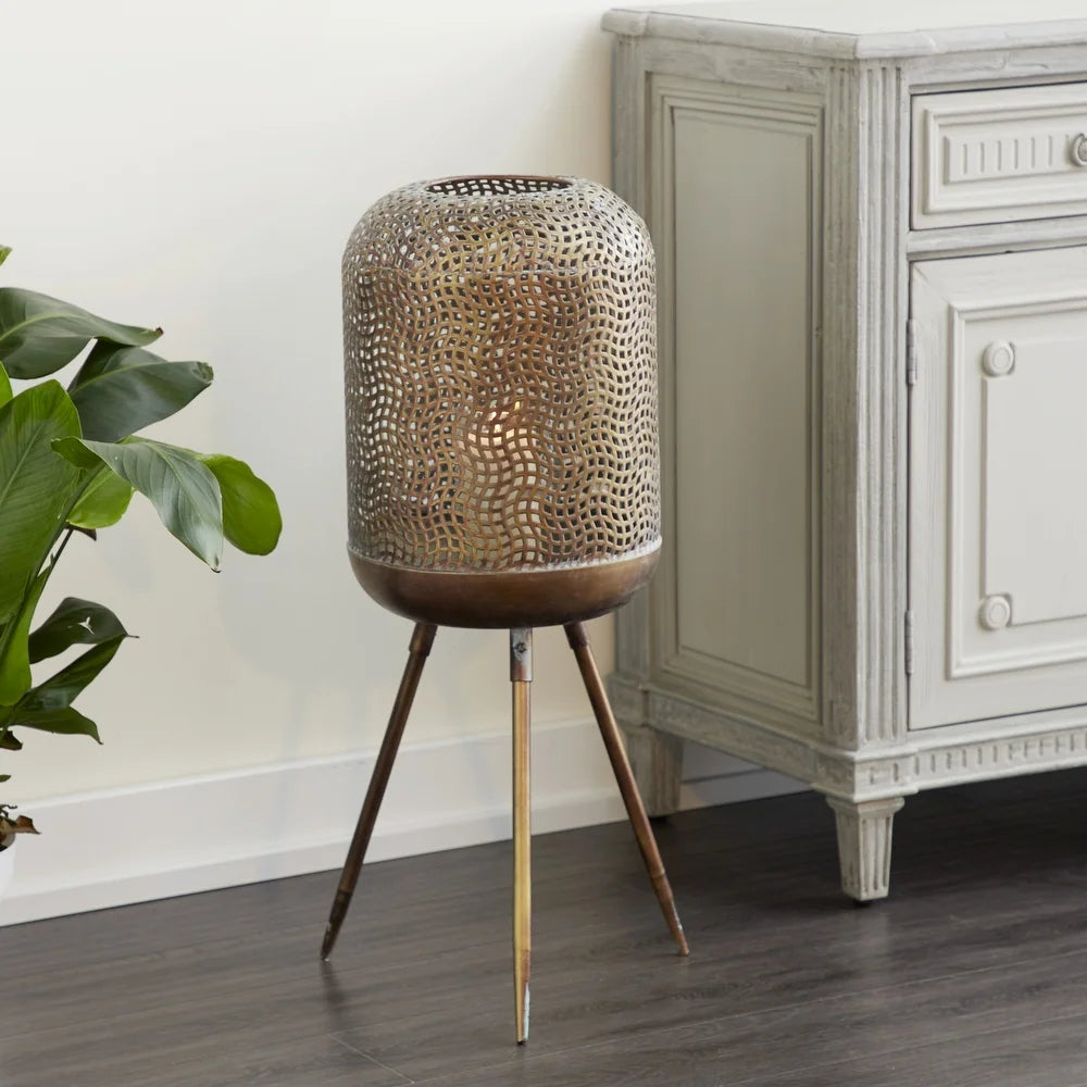 Modern Style Round Gold Metal Floor Lantern with Pierced Metal Pattern 12 x 32 - Brown - 12 x 12 x 32Round