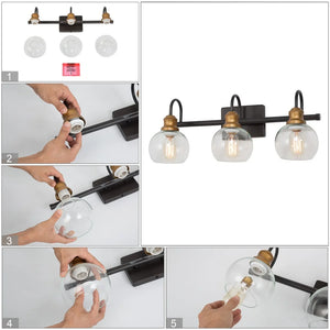 Modern Antique Gold Black 3-Light Bathroom Vanity Lights Globe Glass Wall Sconces - Bronze Gold and Black - L21.9 x W7" x H8.5"