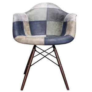 Mooku Blue & Gray Patchwork Leatherette Fabric Upholstered Dining Accent Arm Chair with Dark Walnut Leg