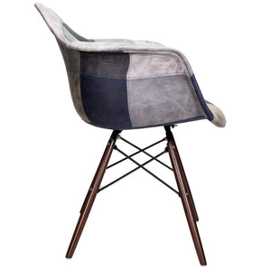 Mooku Blue & Gray Patchwork Leatherette Fabric Upholstered Dining Accent Arm Chair with Dark Walnut Leg