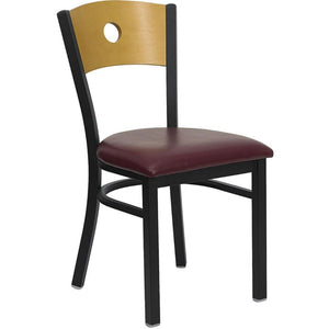Offex Black Circle Back Metal Restaurant Chair with Natural Wood Back, Burgundy Vinyl Seat - N/A