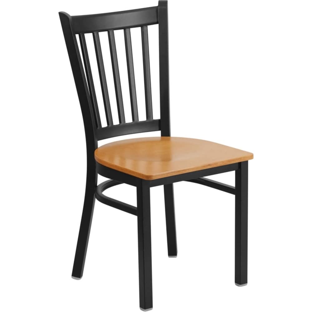 Offex Black Vertical Back Metal Restaurant Chair with Natural Wood Seat - N/A