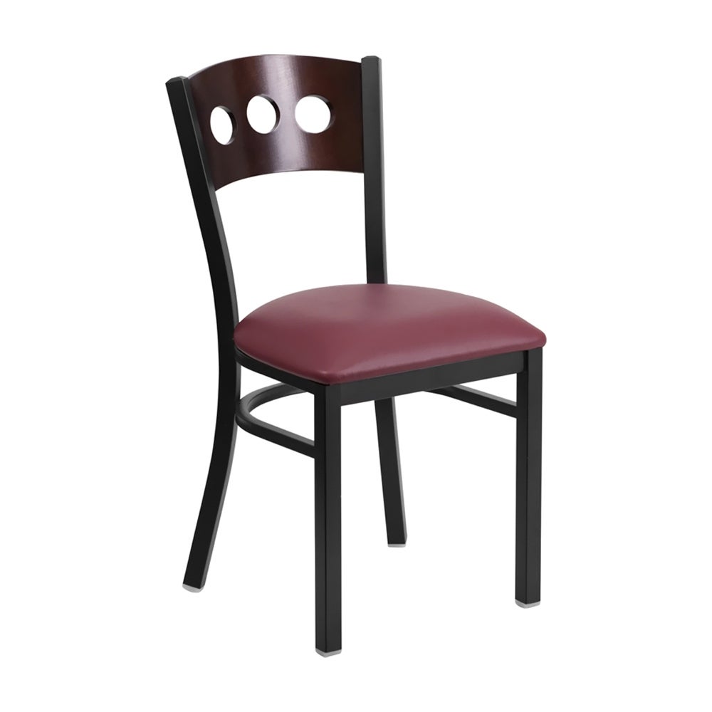 Offex HERCULES Series Black Decorative 3 Circle Back Metal Restaurant Chair - Walnut Wood Back, Burgundy Vinyl Seat