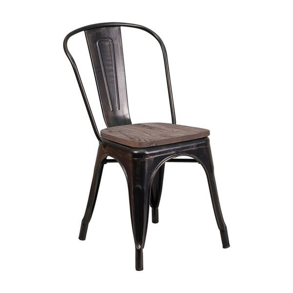 Offex Modern Rustic Black-Antique Gold Metal Bistro Stackable Chair with Wood Seat