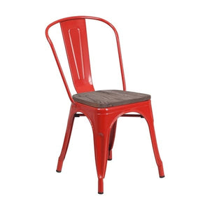 Offex Modern Rustic Metal Bistro Stackable Chair with Wood Seat - Red