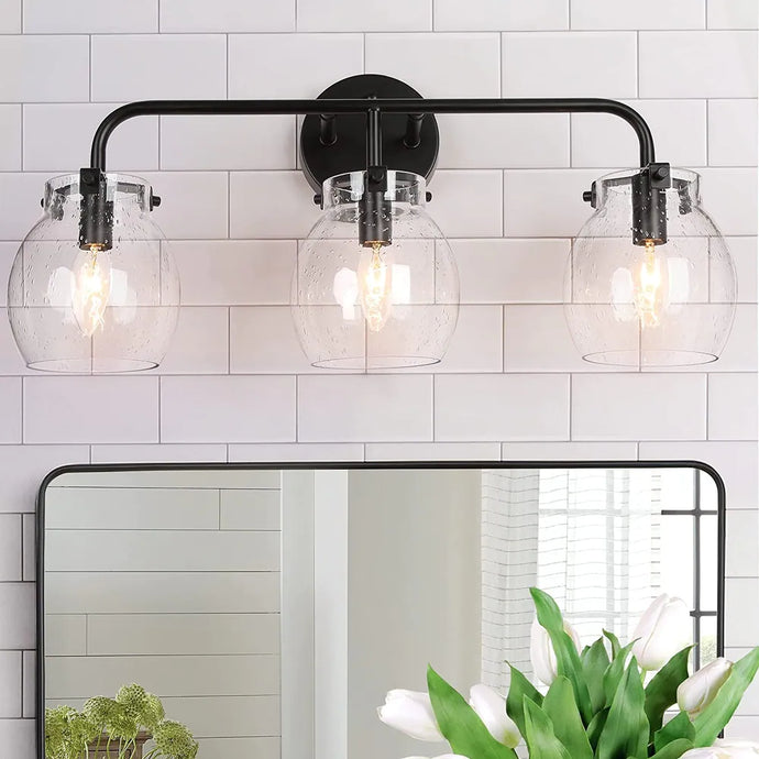 Olia Mid-Century Modern Black Seeded Glass Linear Dimmable Bathroom Vanity Light