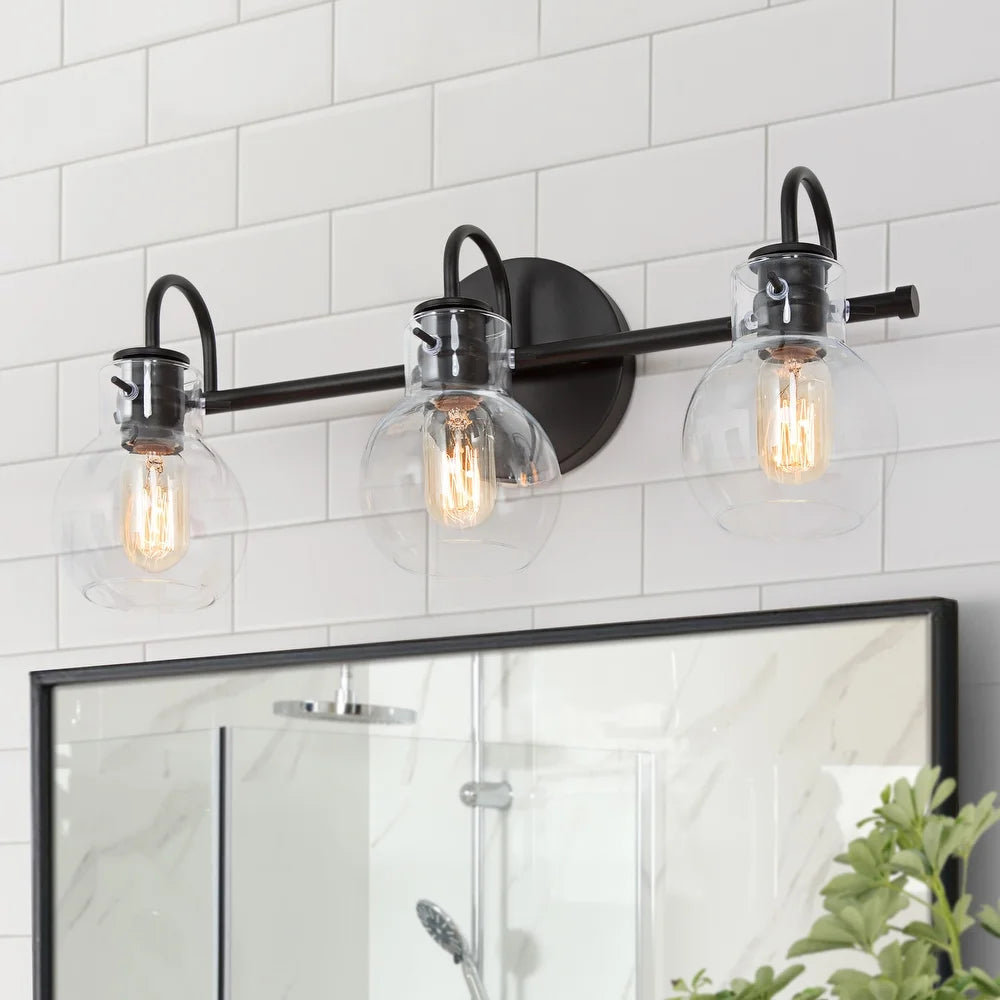 Olia Modern Black 3-Light Linear Bathroom Vanity Lights Globe Glass Wall Sconces