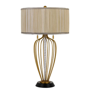 Pleated Drum Shade Table Lamp with Caged Urn Style Base, Black and Gold