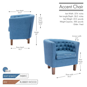 Porthos Home Kady Accent Chair, Barrel Back, Fabric Upholstery, Rubberwood Legs - Blue
