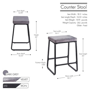 Porthos Home Saga Counter Stools Set of 2, Velvet Upholstery, Iron Legs